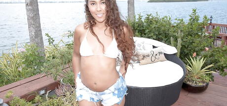 Slender cutie Calypsa exhibits tiny tits and jerks off outside